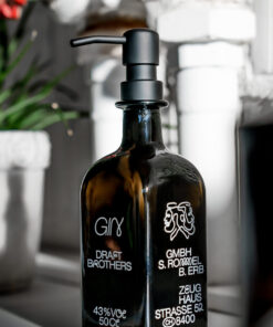 Spender-Aufsatz Pumphead für Glasflaschen schwarz mit Glasflasche gin