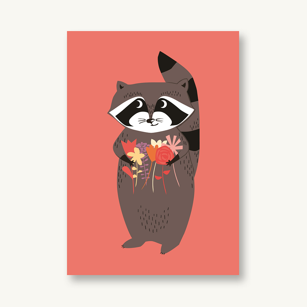 VIERUNDFÜNFZIG Postkarte | Waschbär mit Blumen