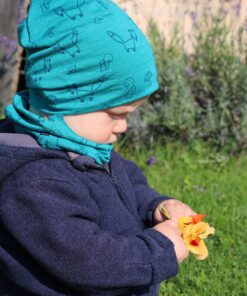 Alternative view of Glückskind Kinder Beanie Merinowolle & Seide | Waldtiere smaragd