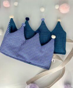 Stoffkrone | Geburtstagskrone Blau STREIFEN mit Pompons