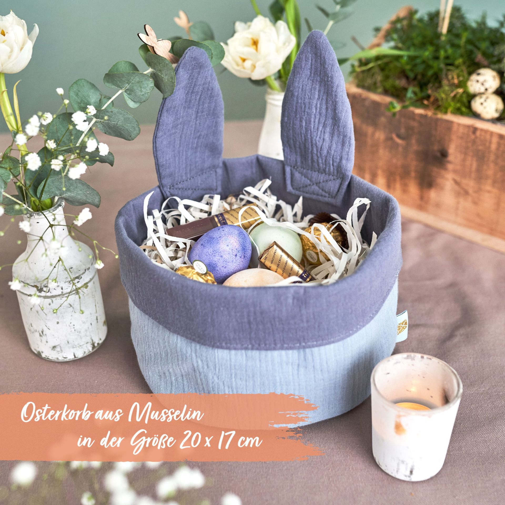 Papierdrachen Osternest mit Hasenohren | Musselin blau