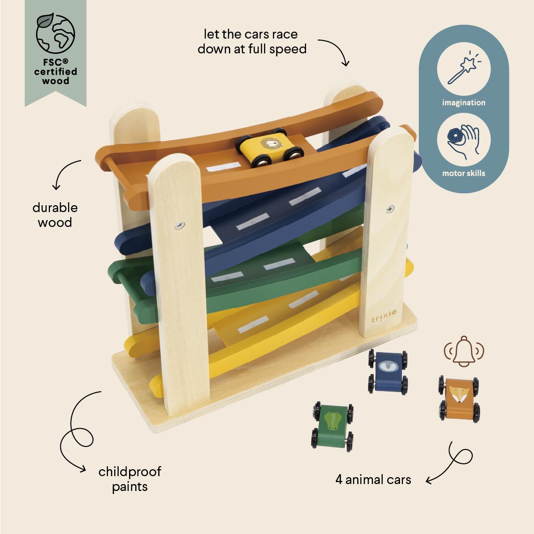 Trixie Rennbahn aus Holz mit 4 Autos (18m+) – Bild 2