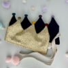 Stoffkrone | Geburtstagskrone aus Kunstleder/Musselin Gold-dunkelblau mit Pompons