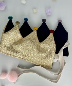 Stoffkrone | Geburtstagskrone aus Kunstleder/Musselin Gold-dunkelblau mit Pompons